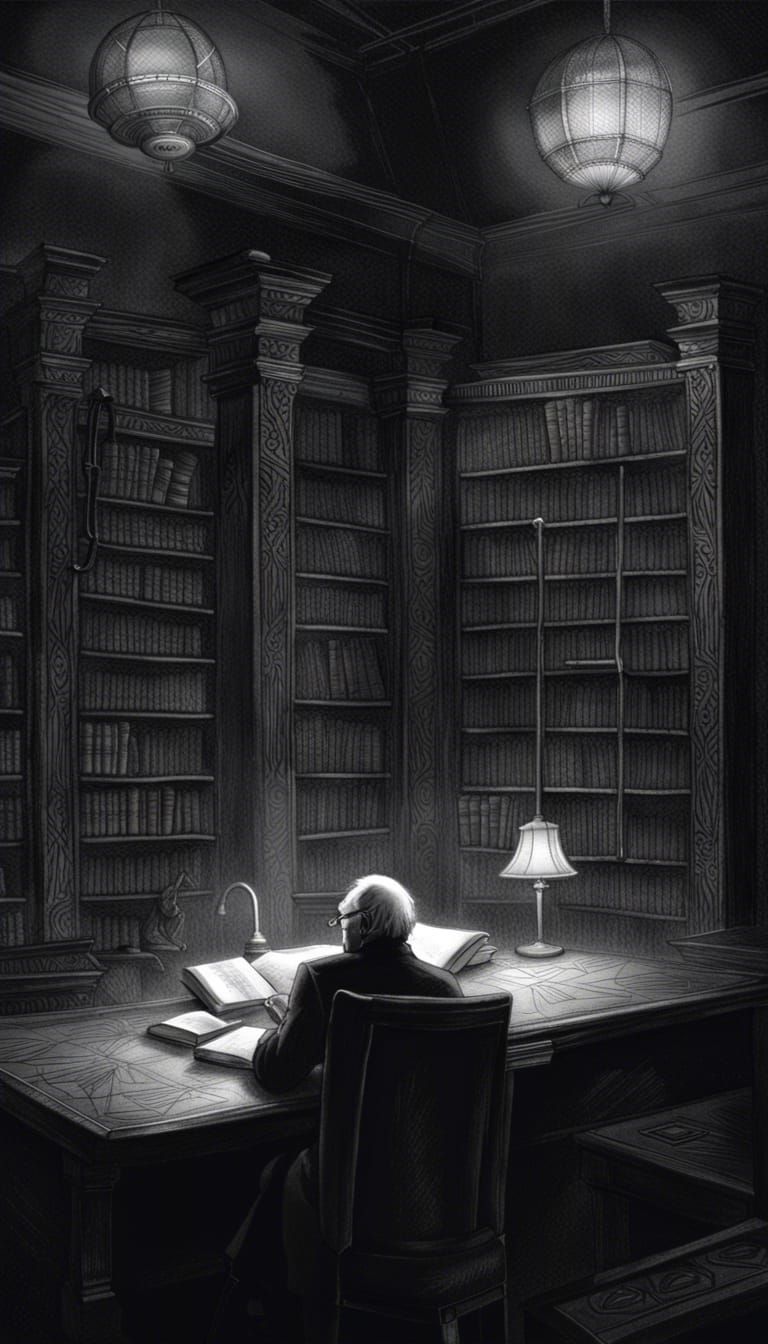 Old Man Reads in Grayscale Art Deco Library