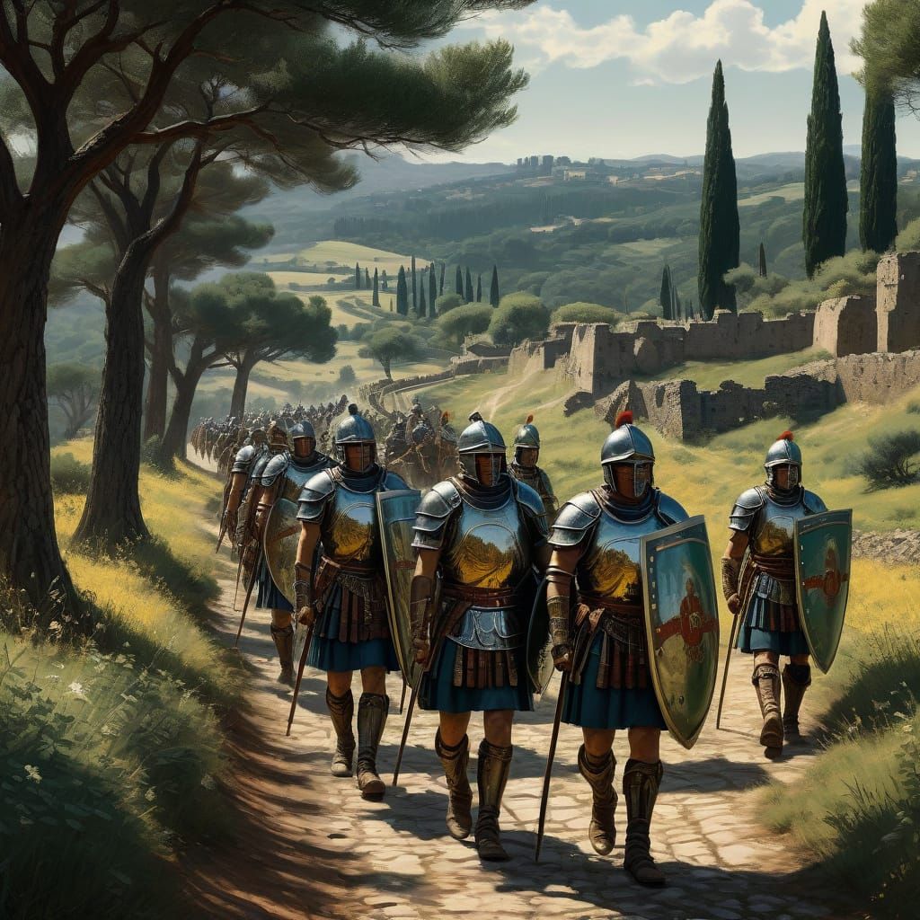 Roman Legionnaires Marching on the Appian Way in Vibrant Cla...