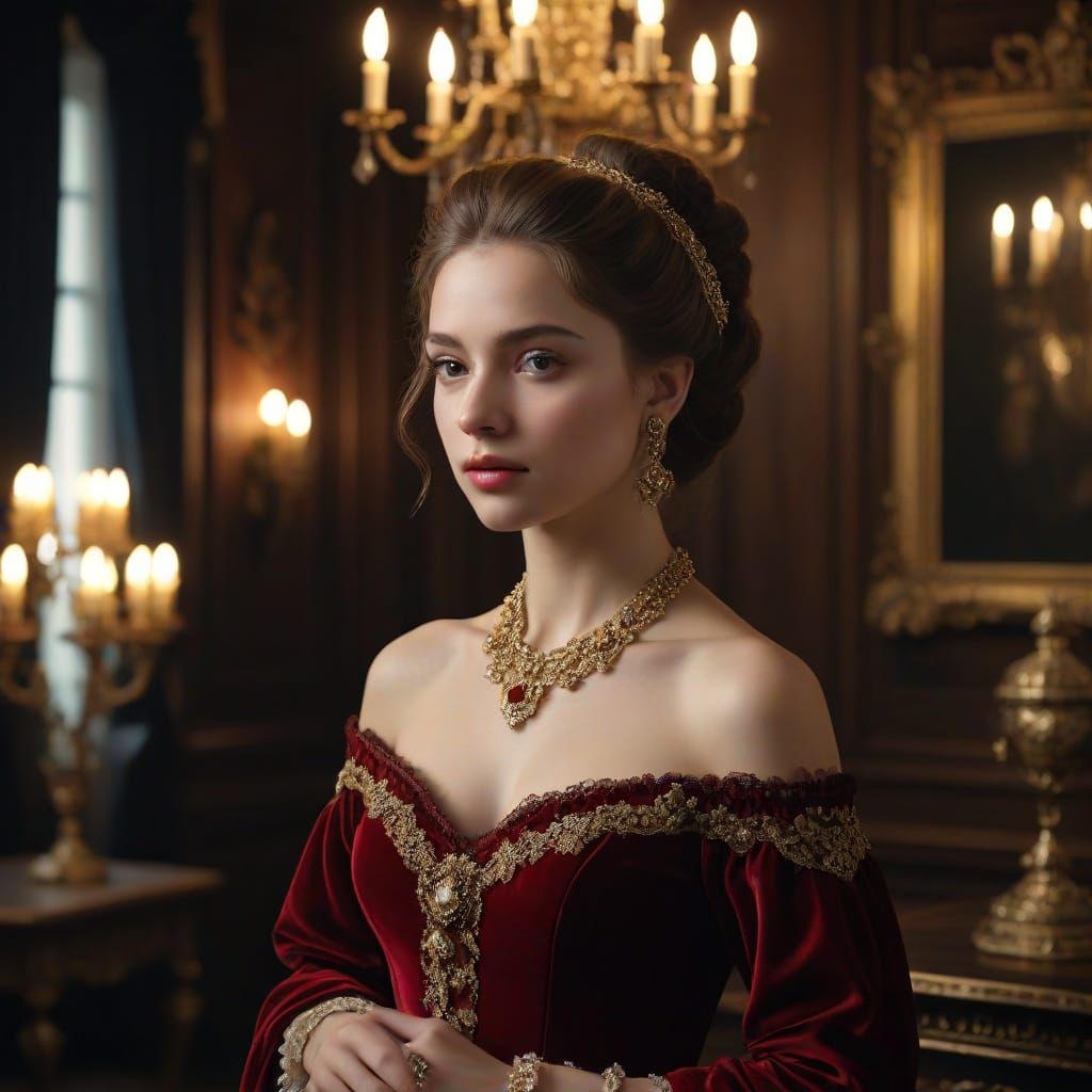 Elegant Woman in Deep Red Velvet Gown, Baroque Style