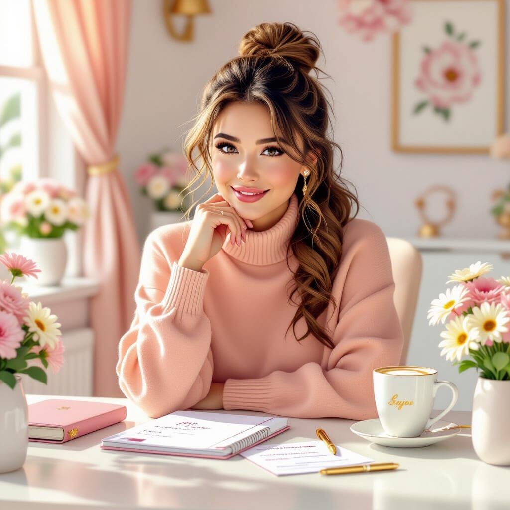 Pastel Desk Scene with Planner, Iced Coffee, and Flowers