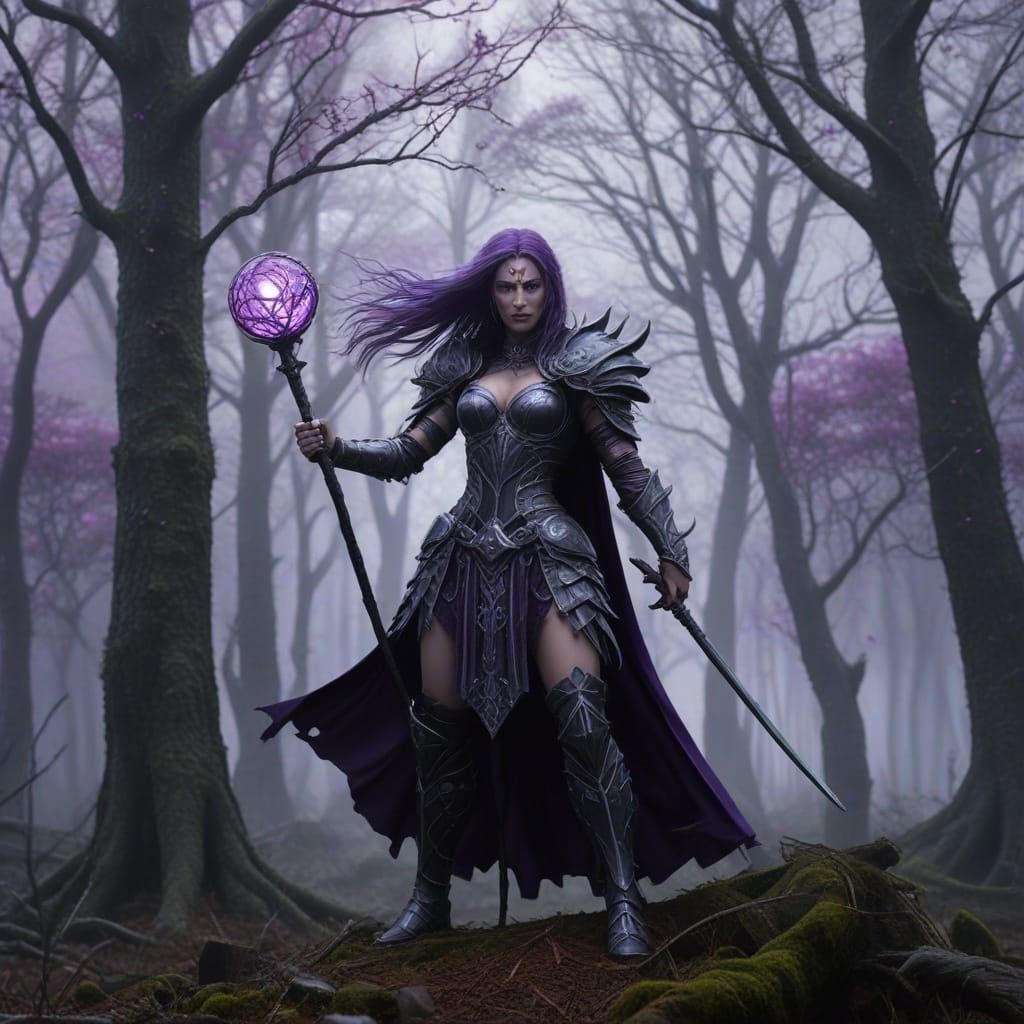 Warrior Woman on Precipice with Glowing Staff