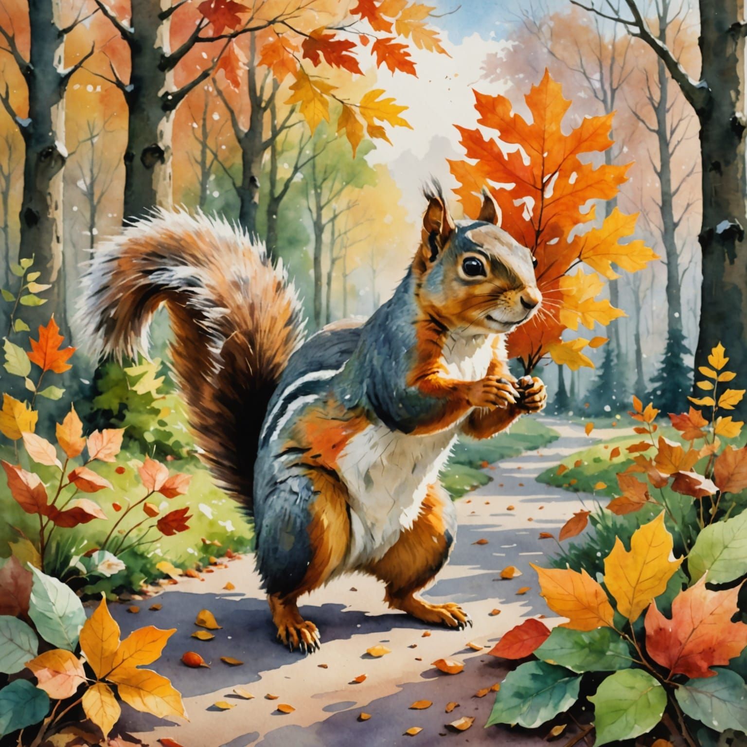 Squirrel Runs Through Four Seasons in Impressionist Watercol...