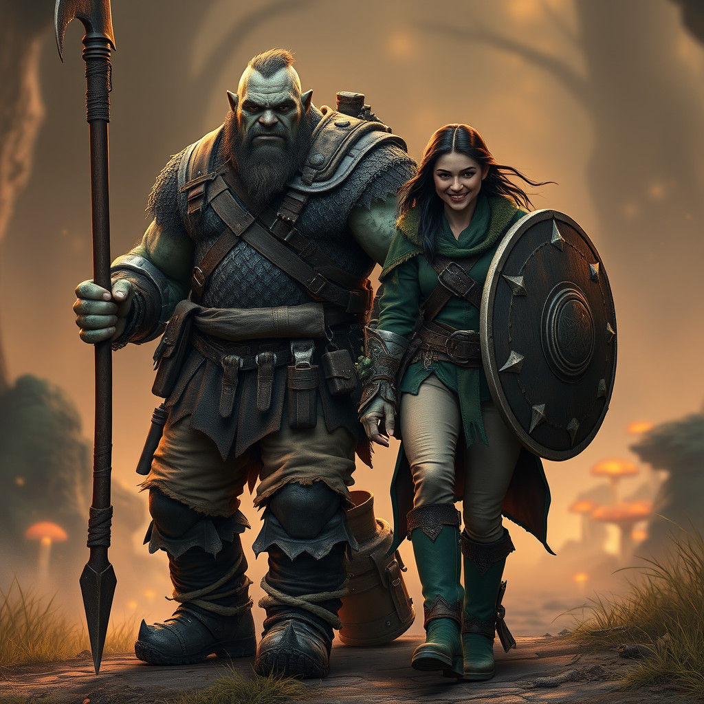 Orc Warrior and Elf Companion in Gritty Fantasy Style