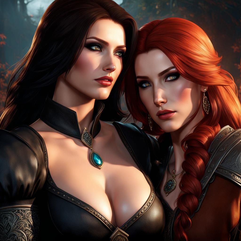 Yennefer and Triss Portrait in Hyperrealistic Style