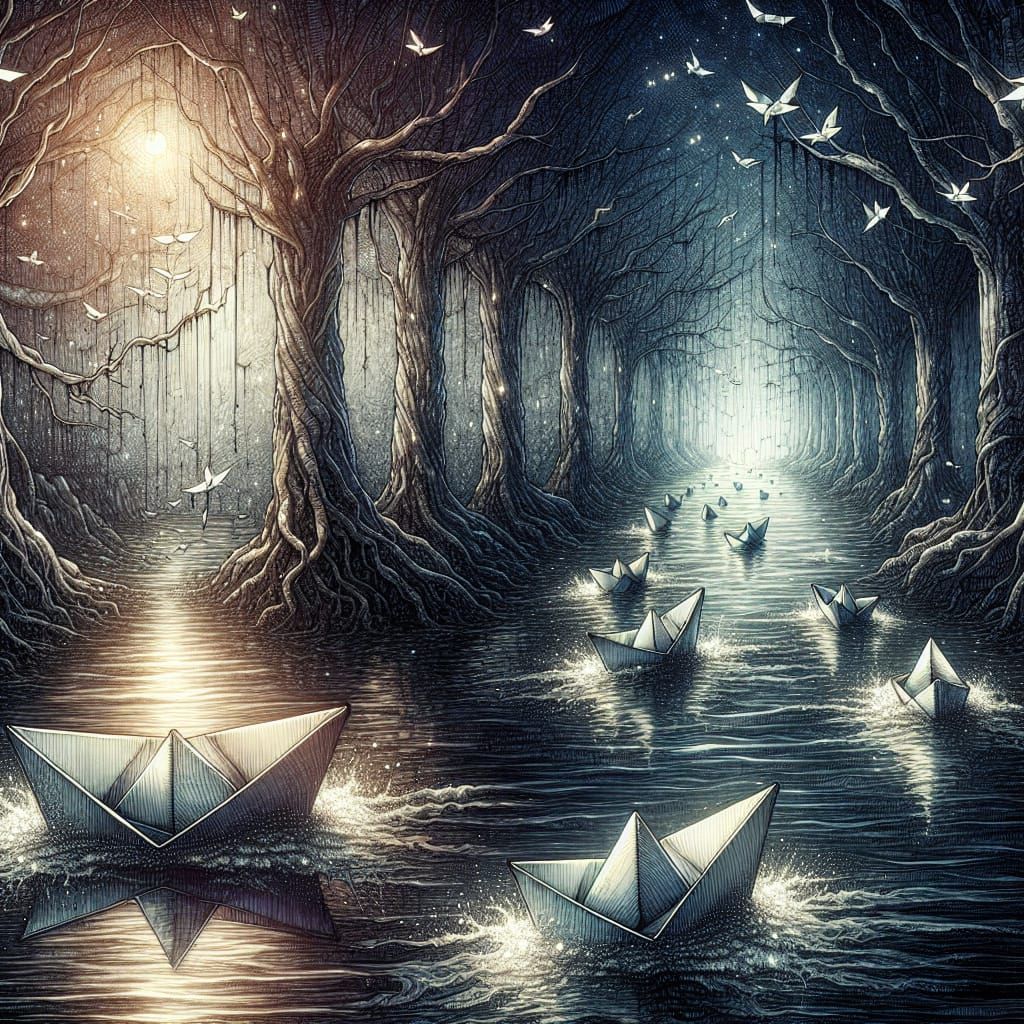 Paper Boats on a River: Dark Fantasy Watercolour