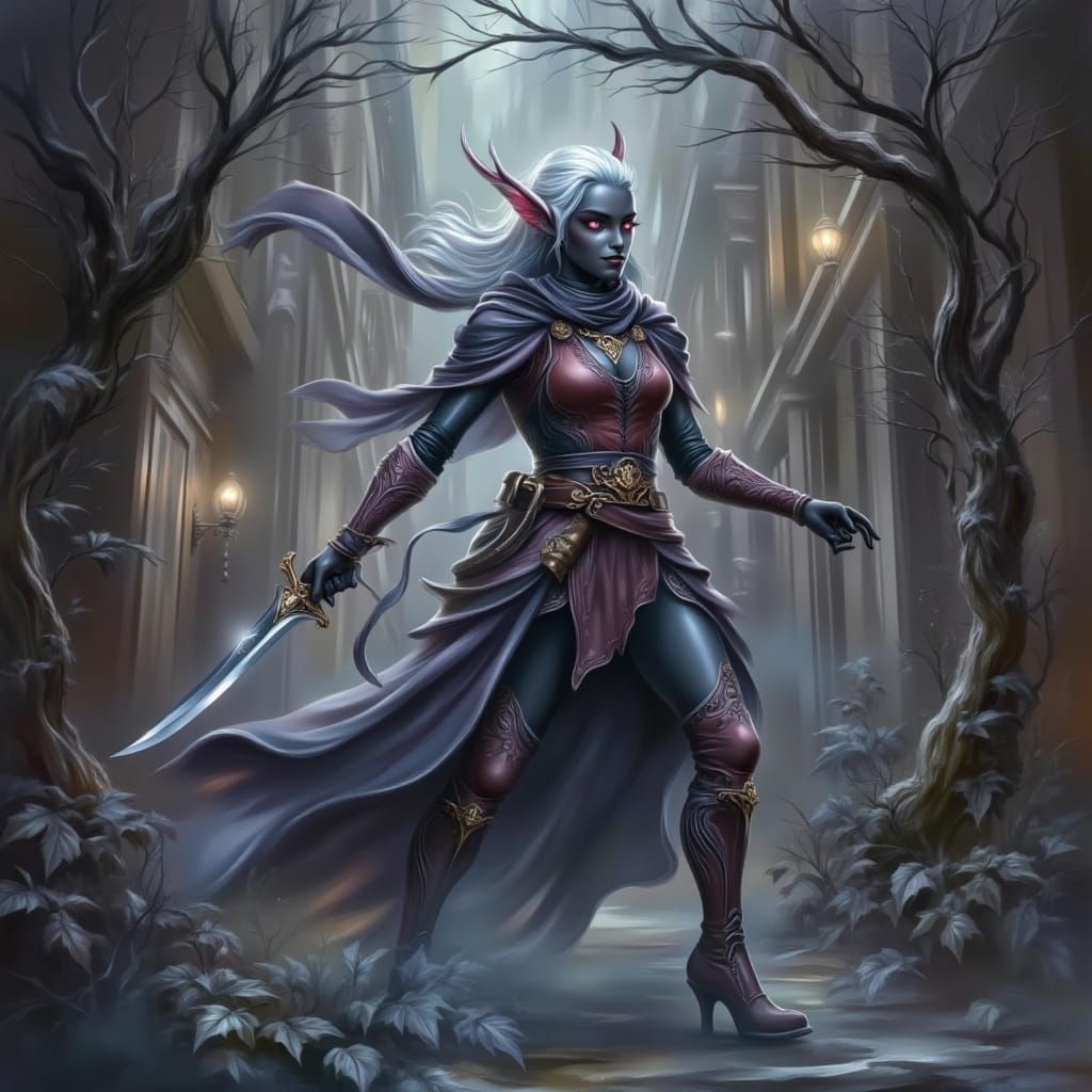 Drow Elf Lost in Forgotten City: Dark Fantasy