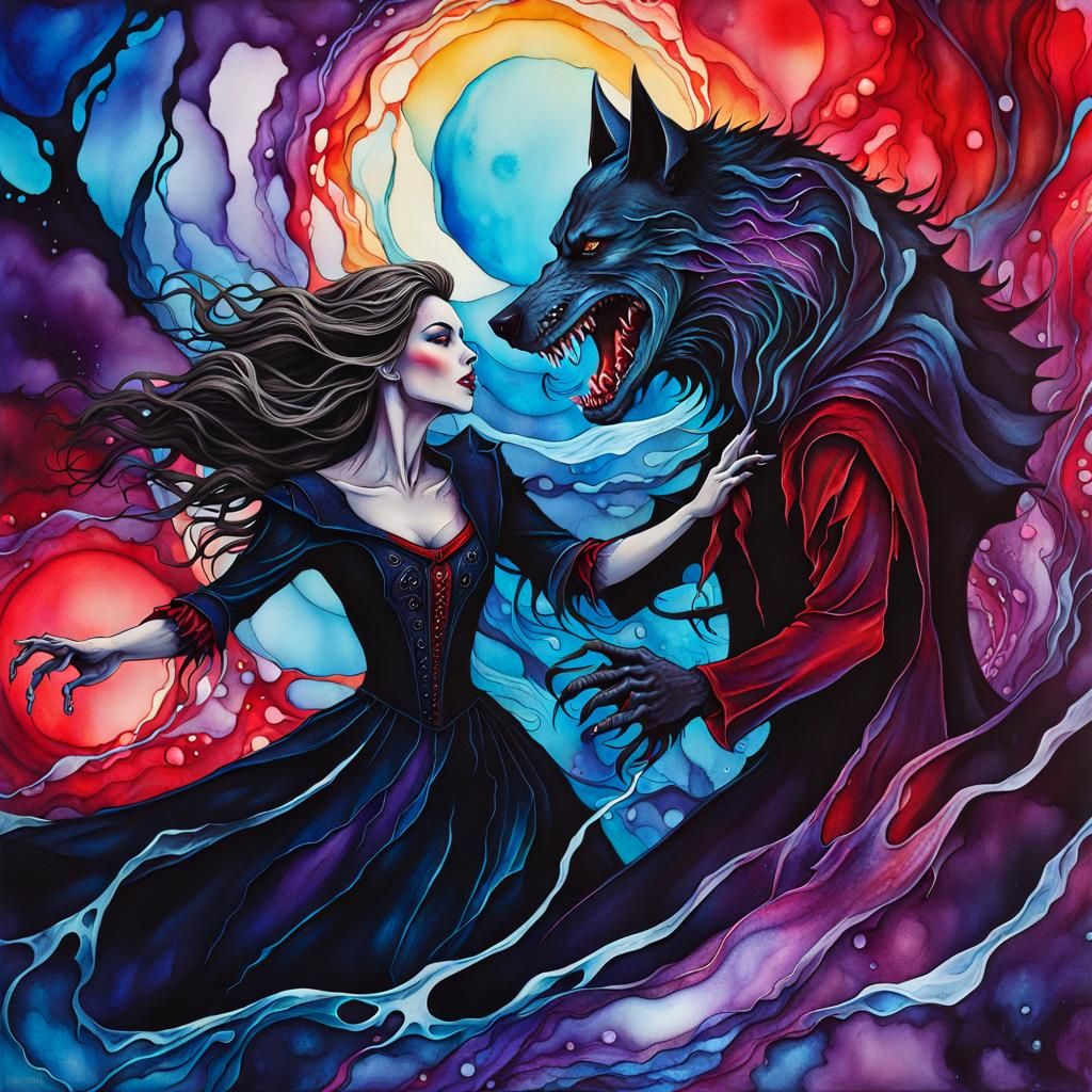 Surreal Werewolf and Vampire Dance in Alcohol Ink