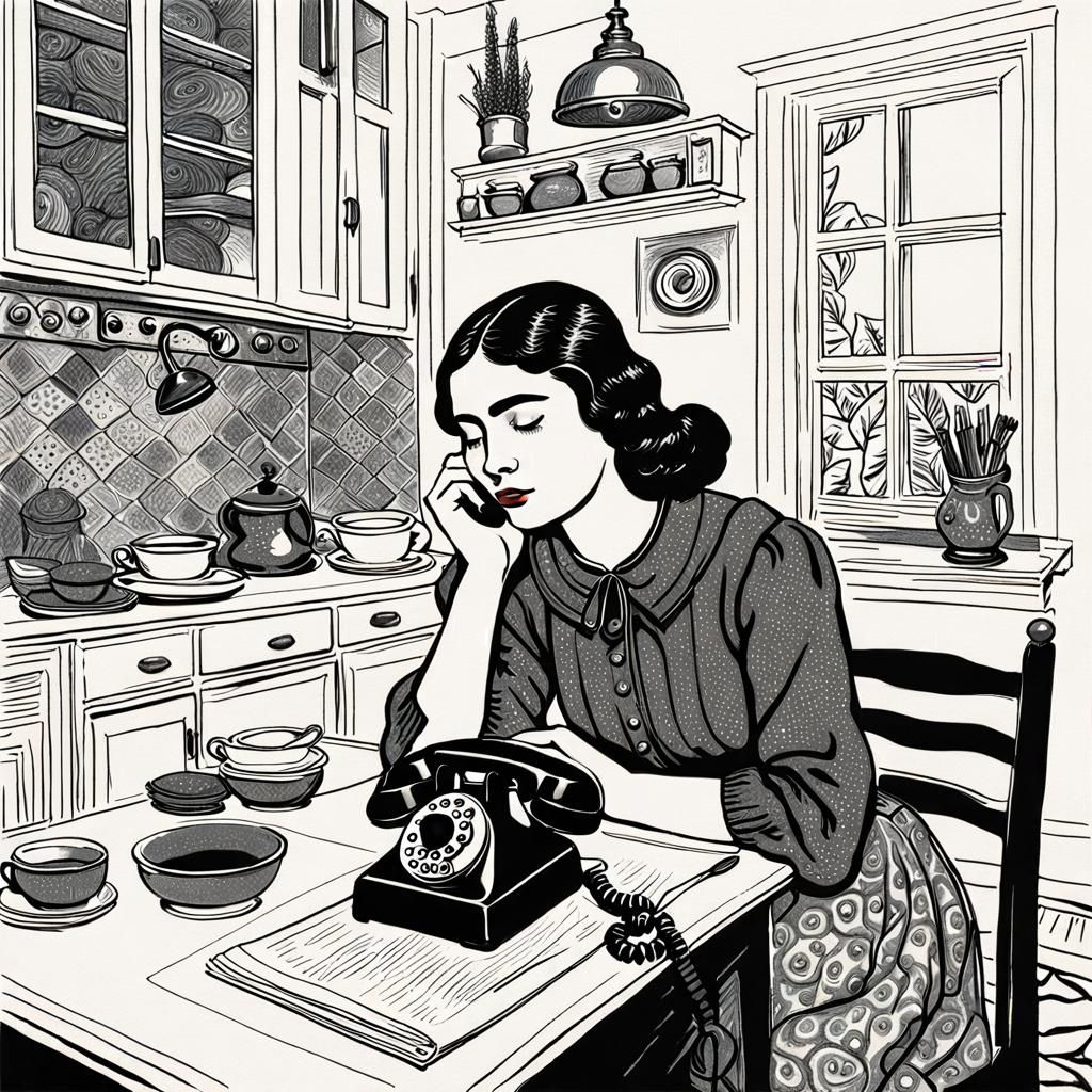 Girl Waiting by Phone in Surreal Art Deco Kitchen