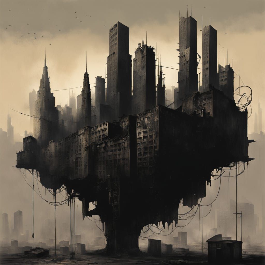 Existential Dystopian Metropolis in Muted Grayscale