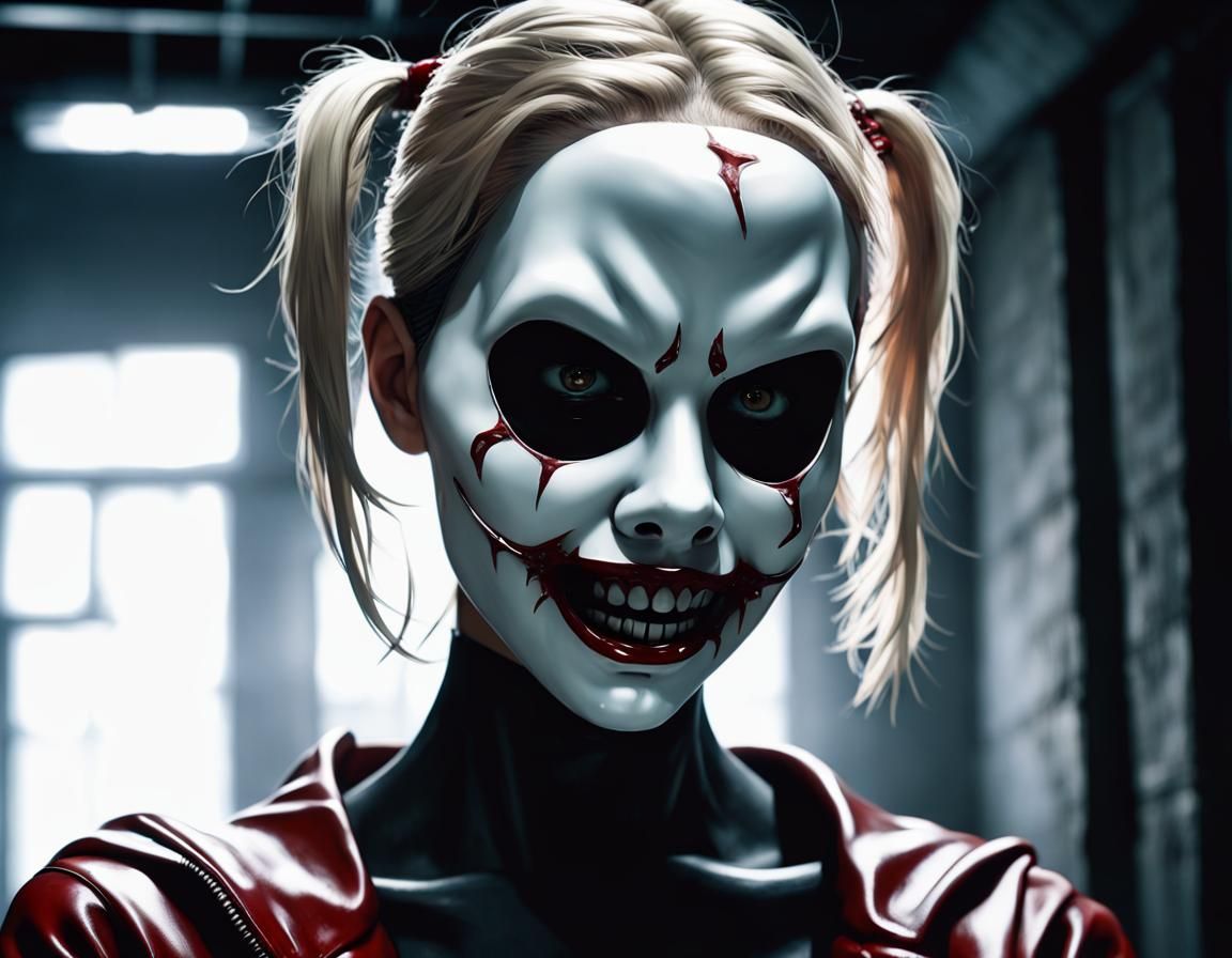 Creepy Masked Woman Crawling in Dark Basement