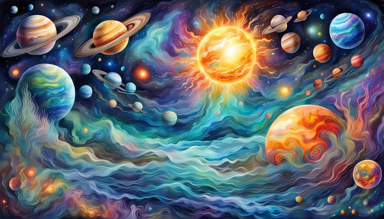 Bioluminescent Solar System Sea in Watercolor Style