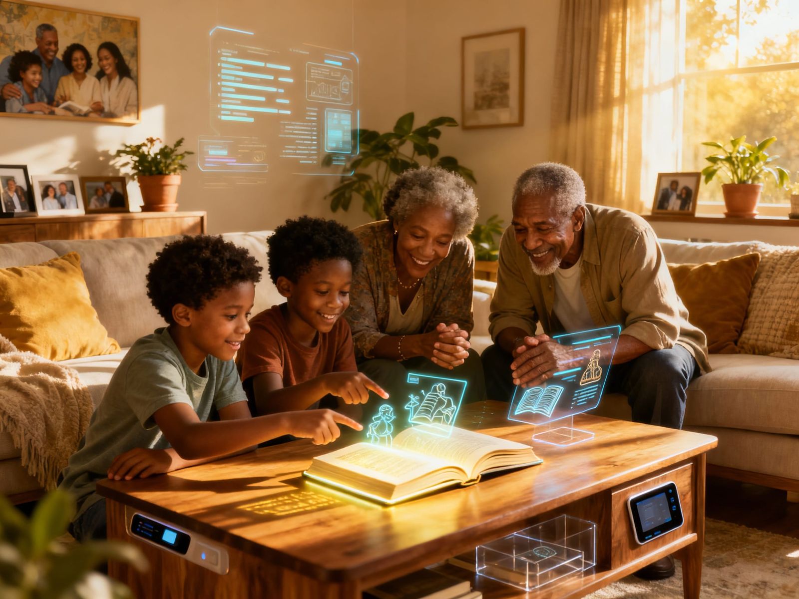 African American Family with Futuristic Holographic Books