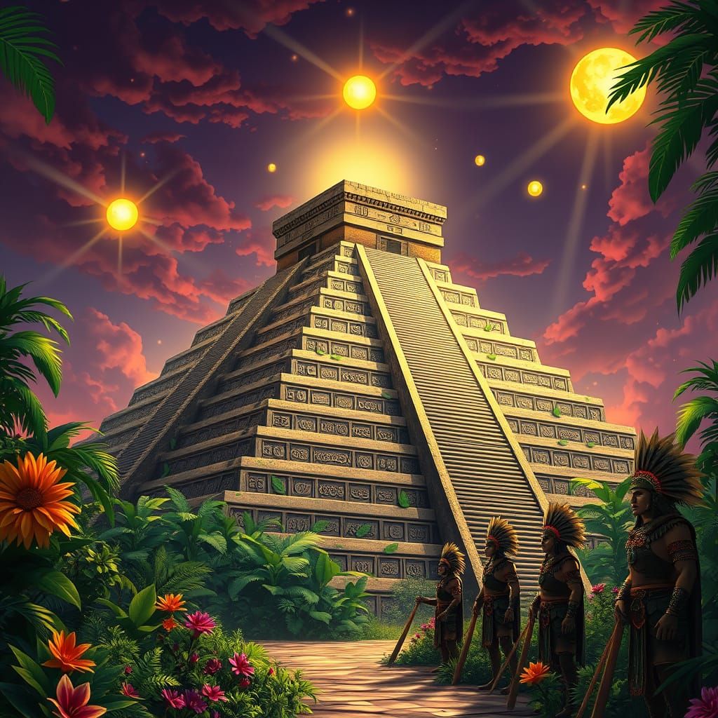 Ancient Aztec Pyramid in Vibrant Jungle, with Golden Light a...