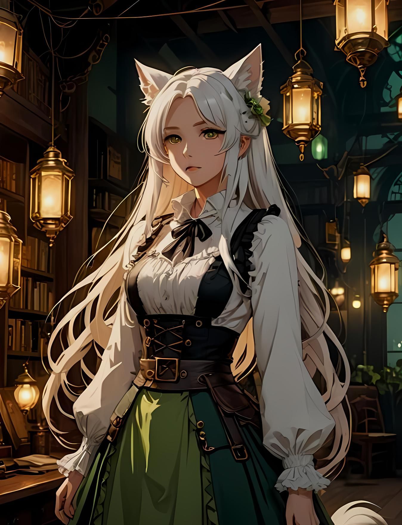 Anime Kemonomimi Woman in Steampunk Room
