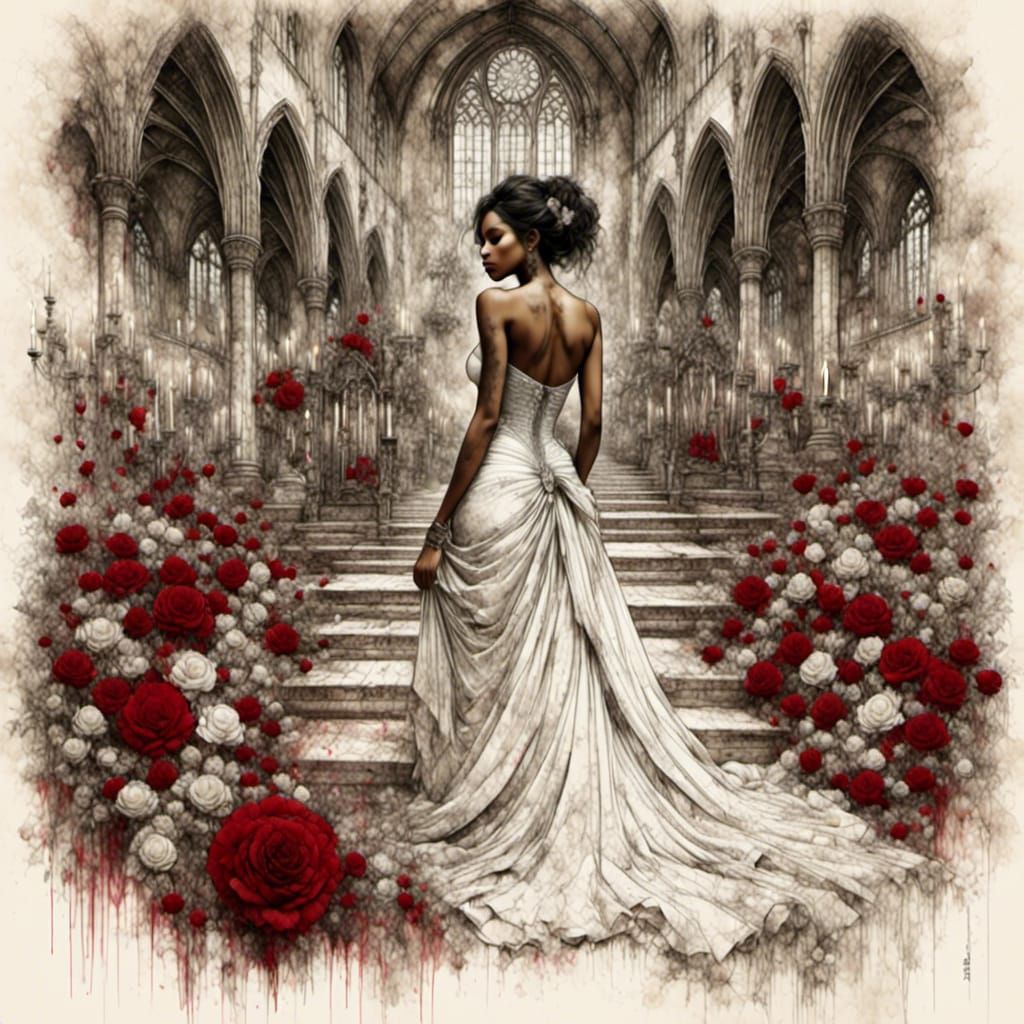 Bride in White Gown Surrounded by Roses