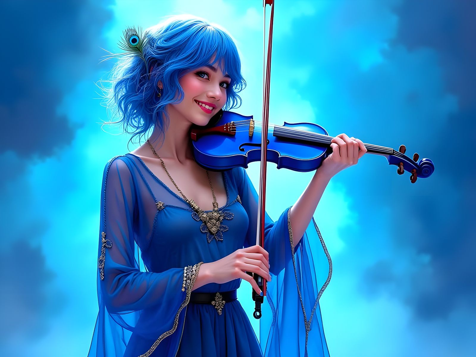 Electric Violinist in Dreamy Blue Art Nouveau Style