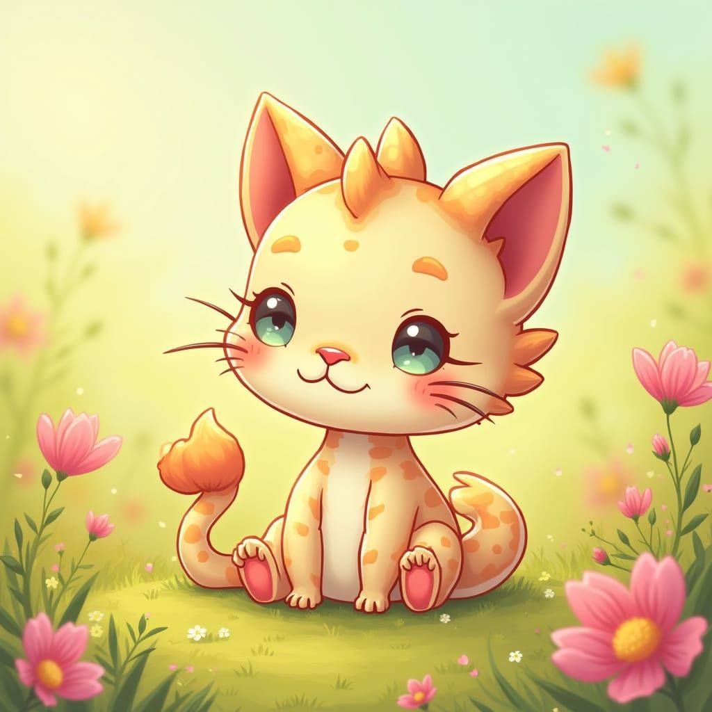 Whimsical Dragon Cat in Vibrant Wildflower Meadow