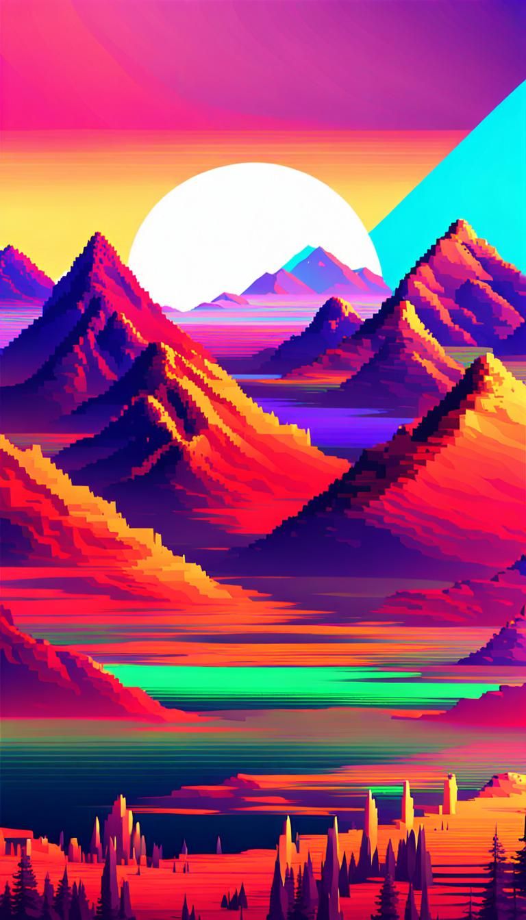 Glitch Art Sunset Mountain Landscape