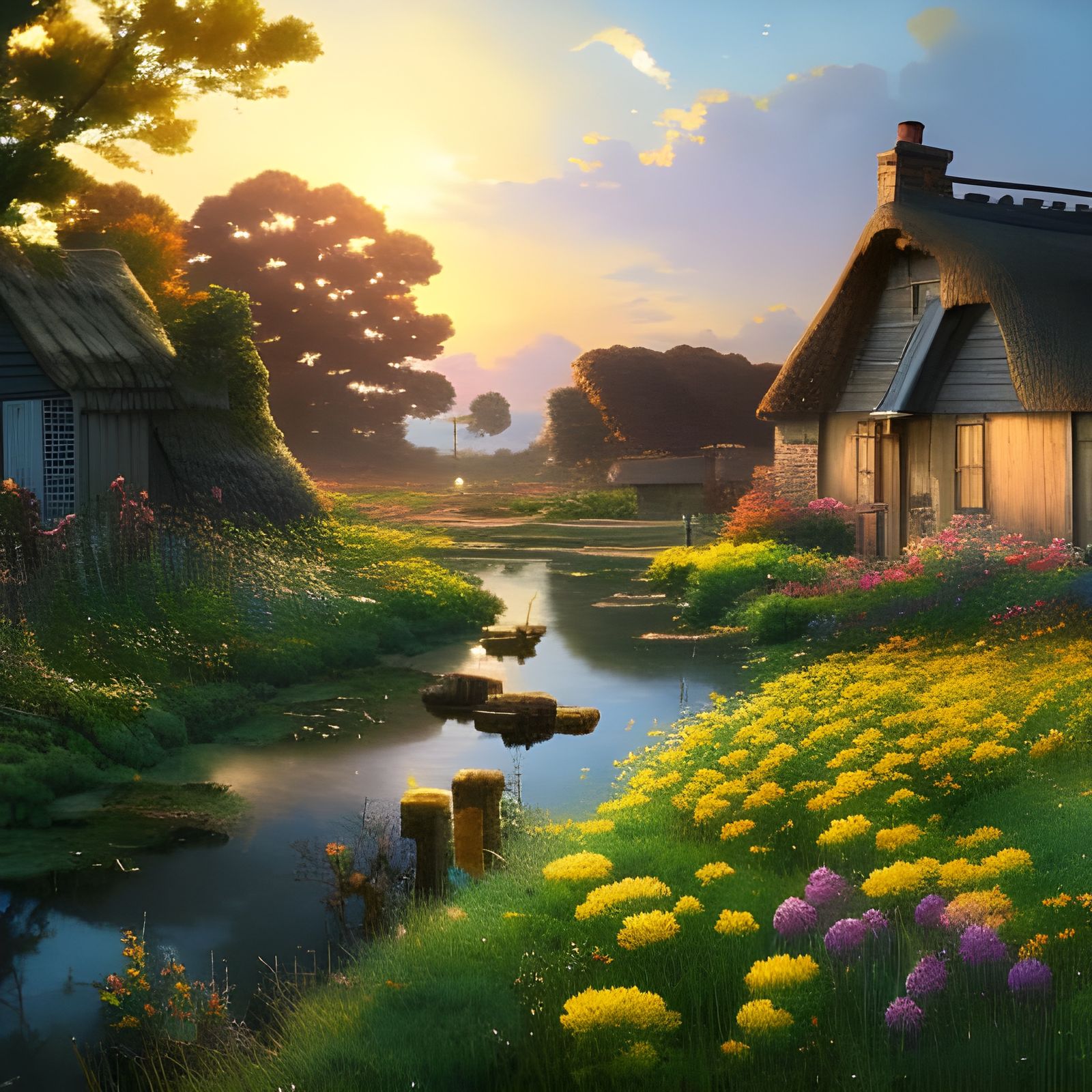 Farmhouse Cottage in Rural Landscape at Sunset