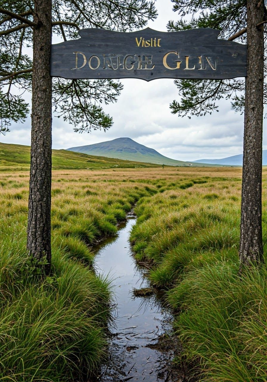 (" Visit Dongle Glen " ) a picture of a boggy field with a s...