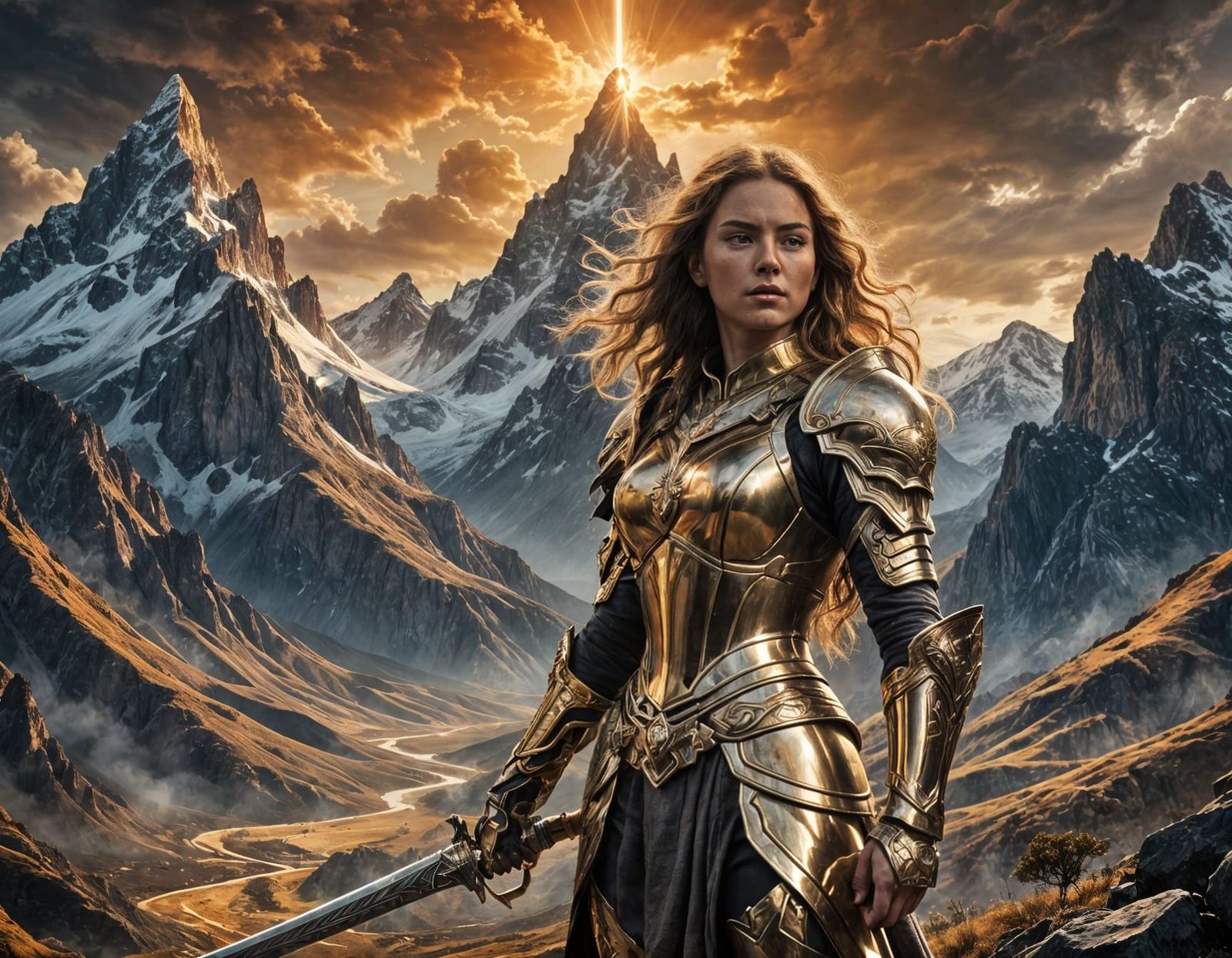 Epic Woman in Golden Armor with Fiery Horizon