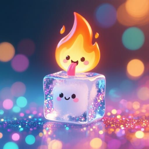 Cute Flame Licks Ice Cube with Glitter and Bokeh