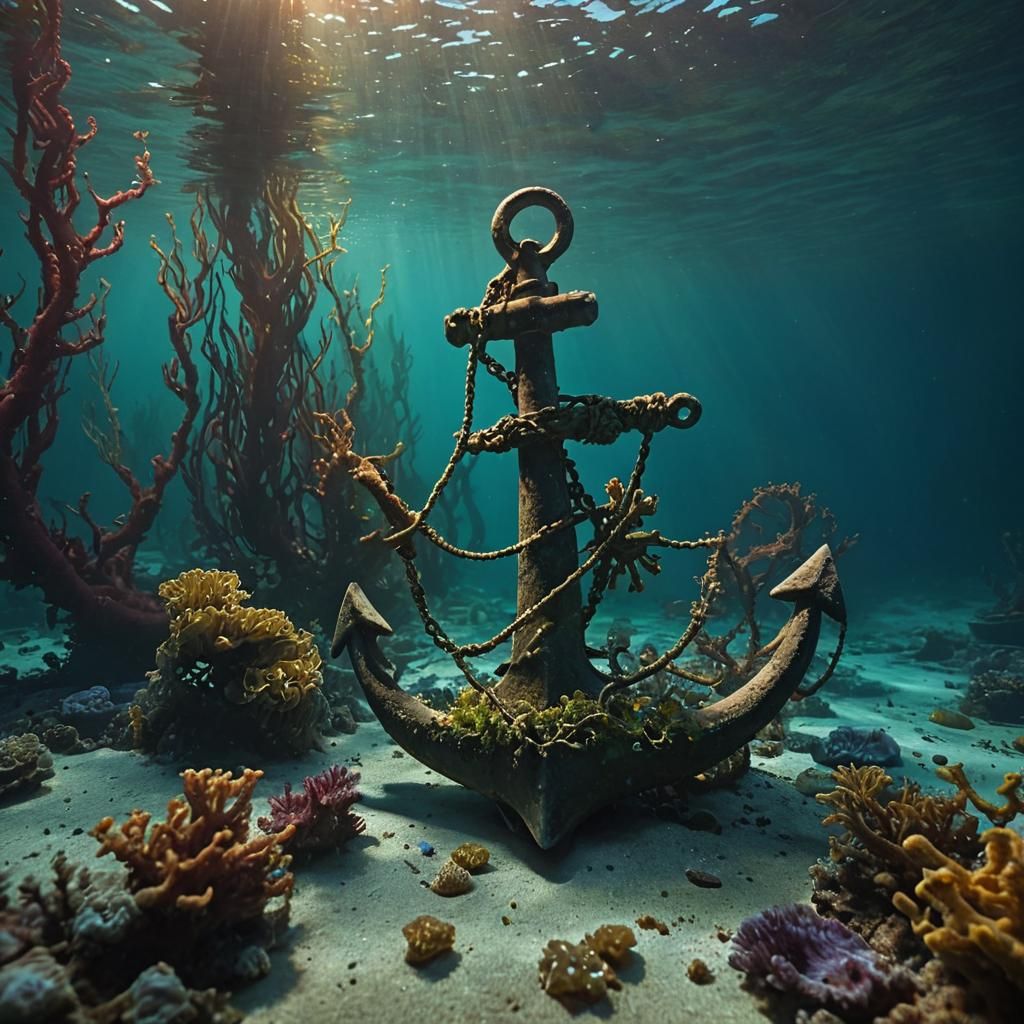 Mystical Seabed Scene with Sunken Treasures