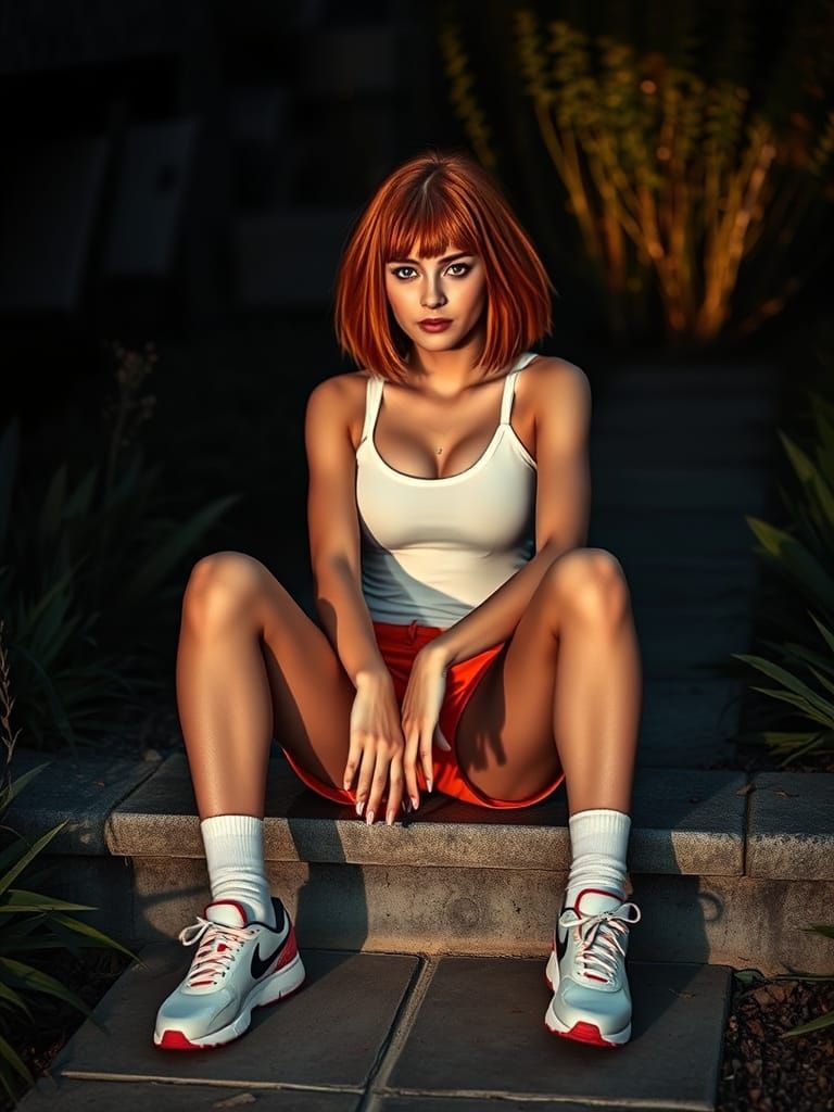 Young Woman in Garden with Nike Gear, Cinematic Style