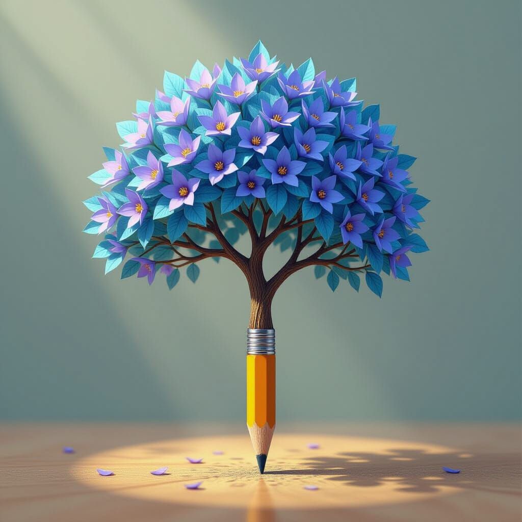 Surreal Pencil with Blue Leaves and Purple Flowers