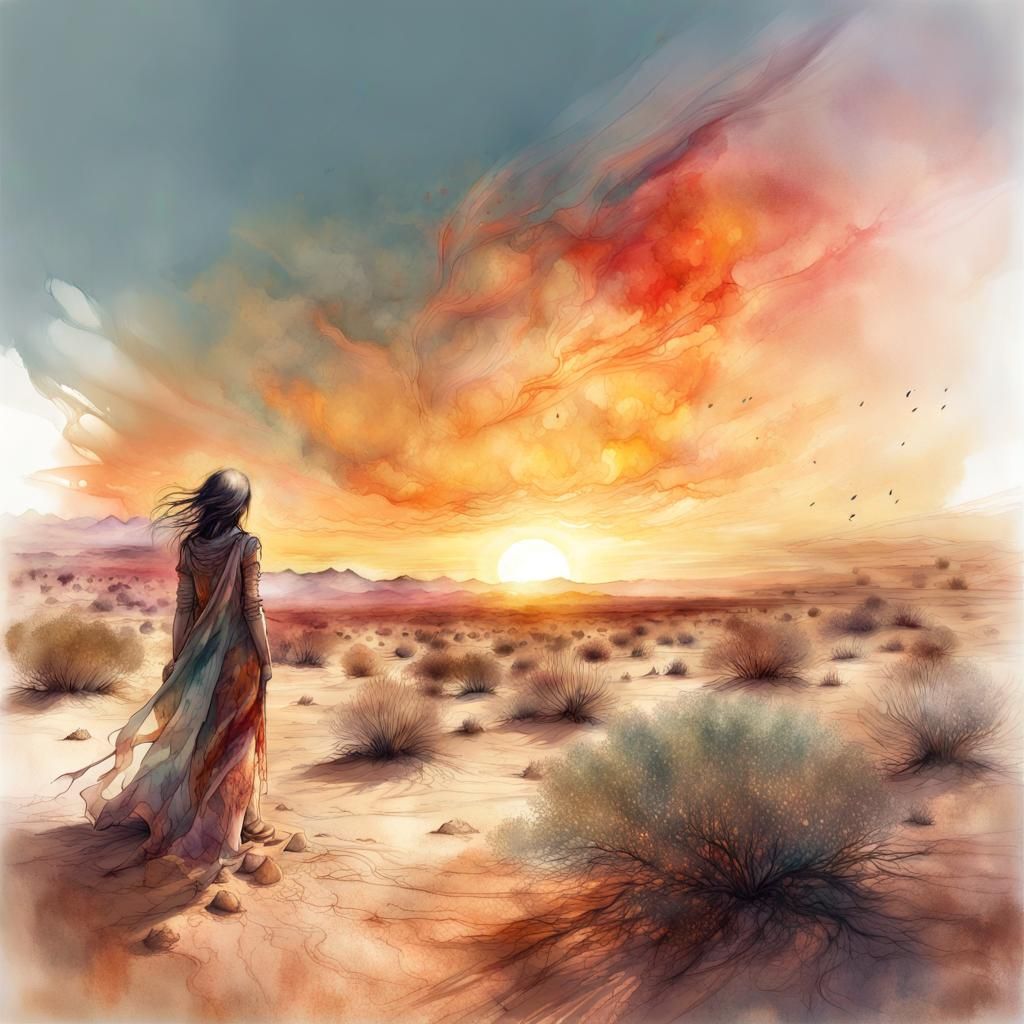 Barren Desert Landscape in Watercolor Illustration