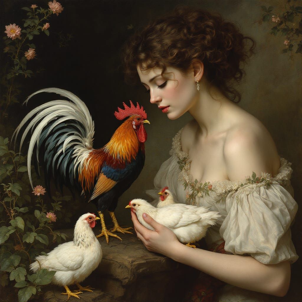 Rooster and Hens with Roses, Academic Realism Style