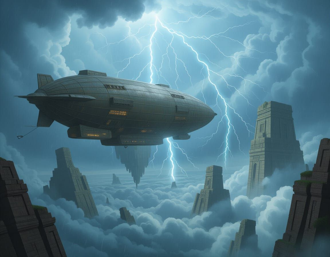Airship Navigates Stormy Sky Above Ruined Islands