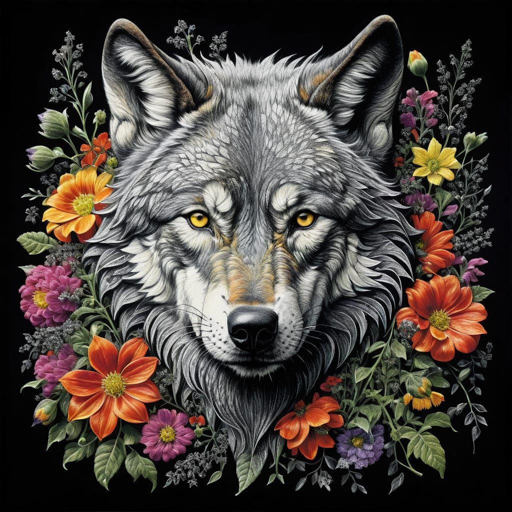 Detailed Chalk Wolf Head Framed by Flowers