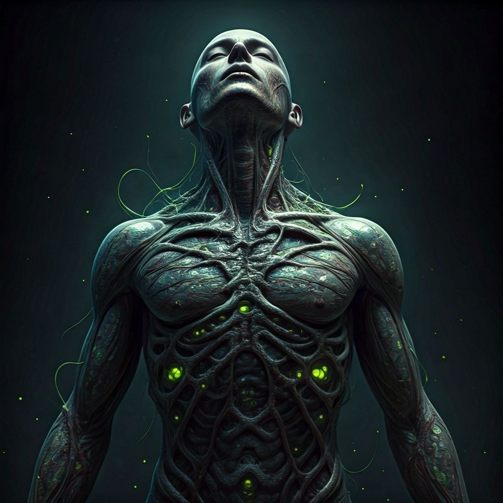 Human Infected by Alien Organism with Neon Green Glow