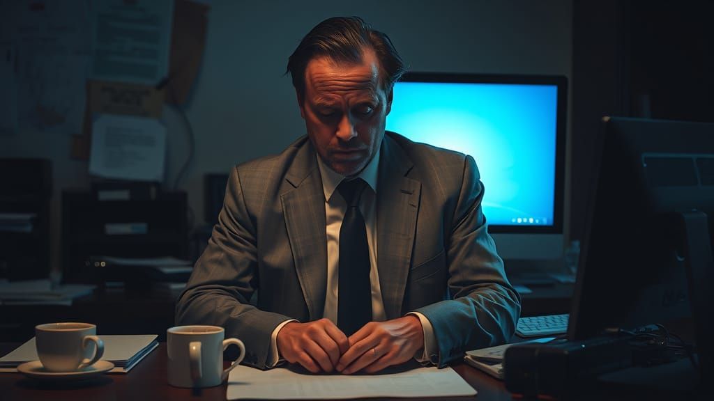 Overworked Man Plugged Into Computer: Cinematic Film-Grain