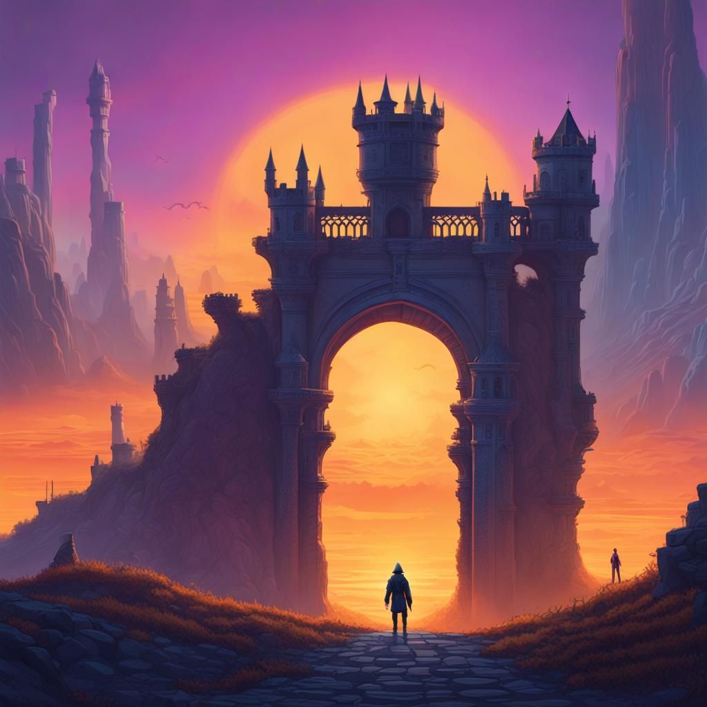 Fantasy Adventurer at Ancient Castle Sunset
