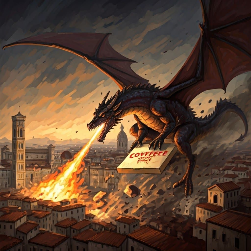 Dragon Pizza Delivery in Florence: Brush and Ink Style