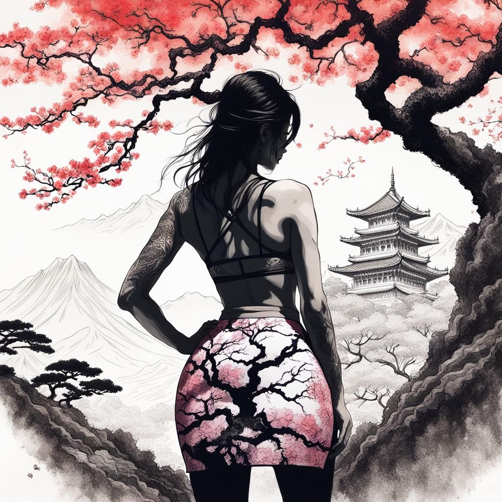 Sakura Tree and Woman Silhouette: Detailed Ink Drawing