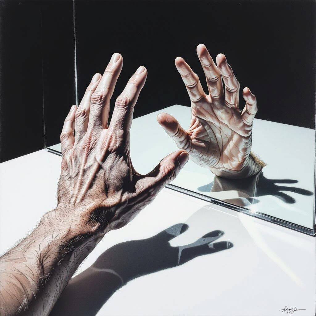 Hand Reaching from Mirror in Hyperrealistic Drawing