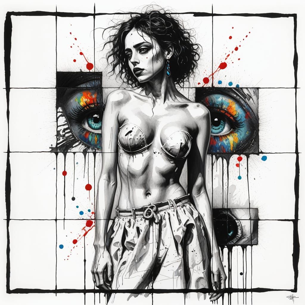 Detailed Eye with Colorful Tear, Charcoal Drawing