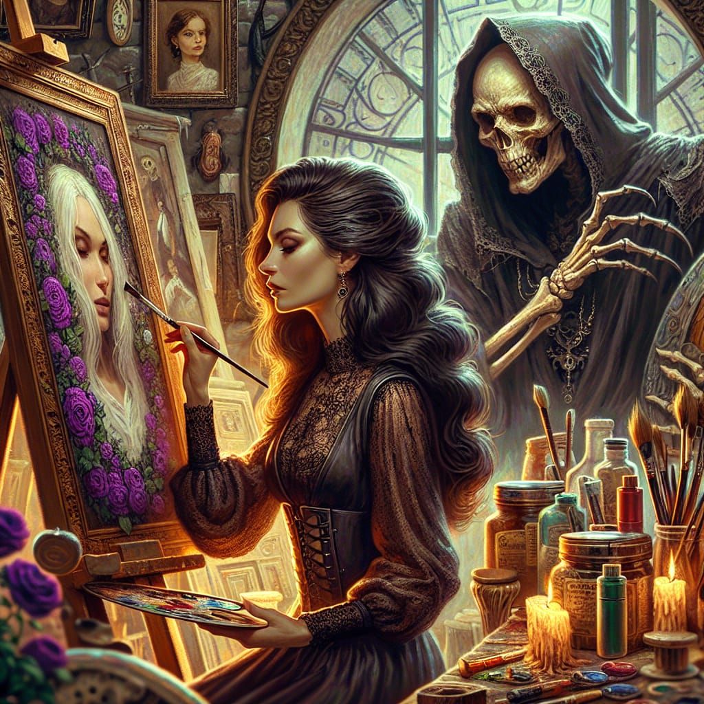 Eerie Artist Painting Memento Mori in Horror Fantasy Style