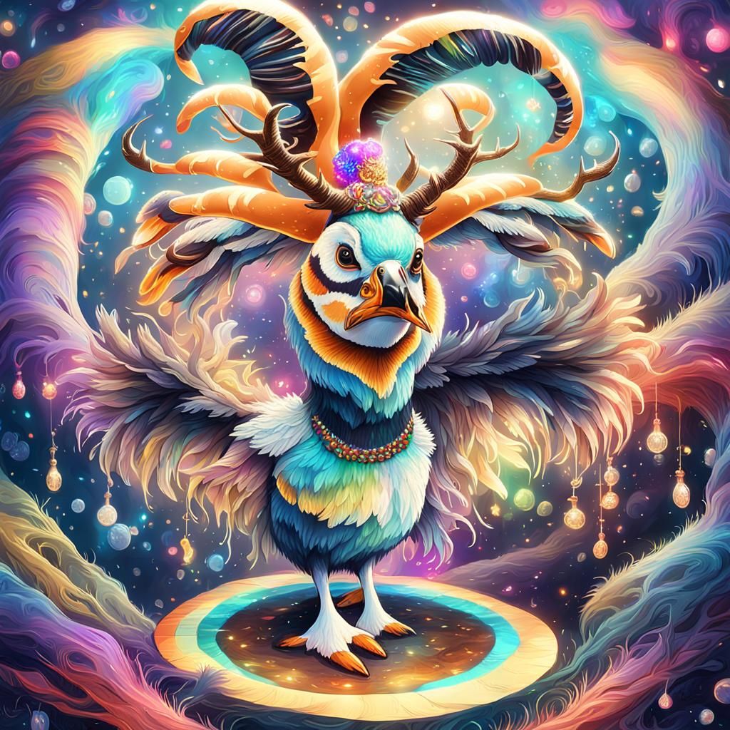 Psychedelic Puffin with Antlers in Concept Art