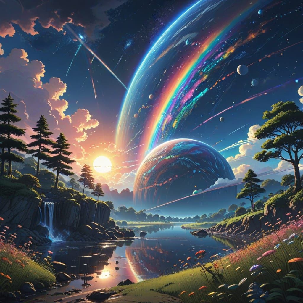 Cosmic Dreamscape with Rainbow Planet and Celestial Bodies