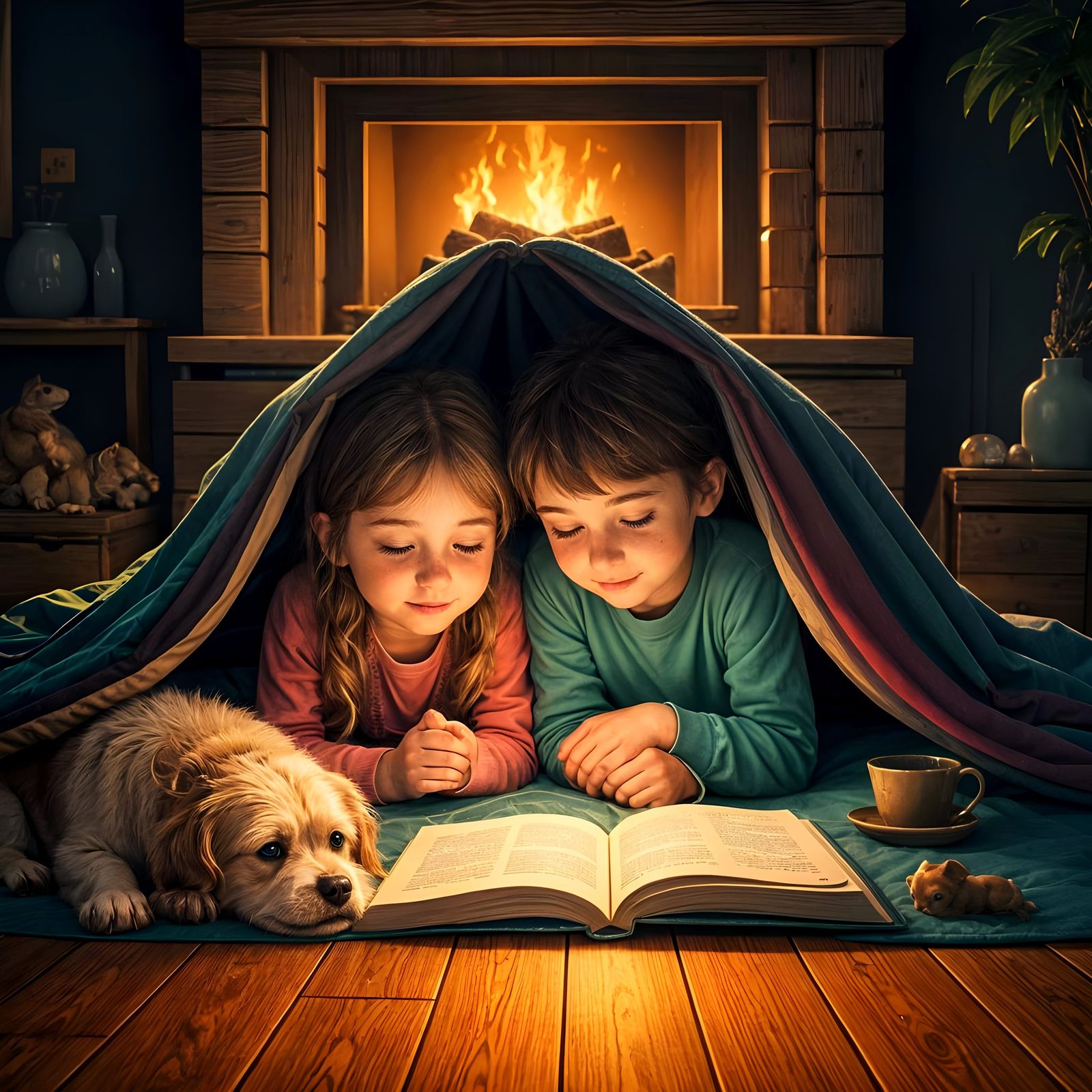 Children Reading in Cozy Blanket Fort