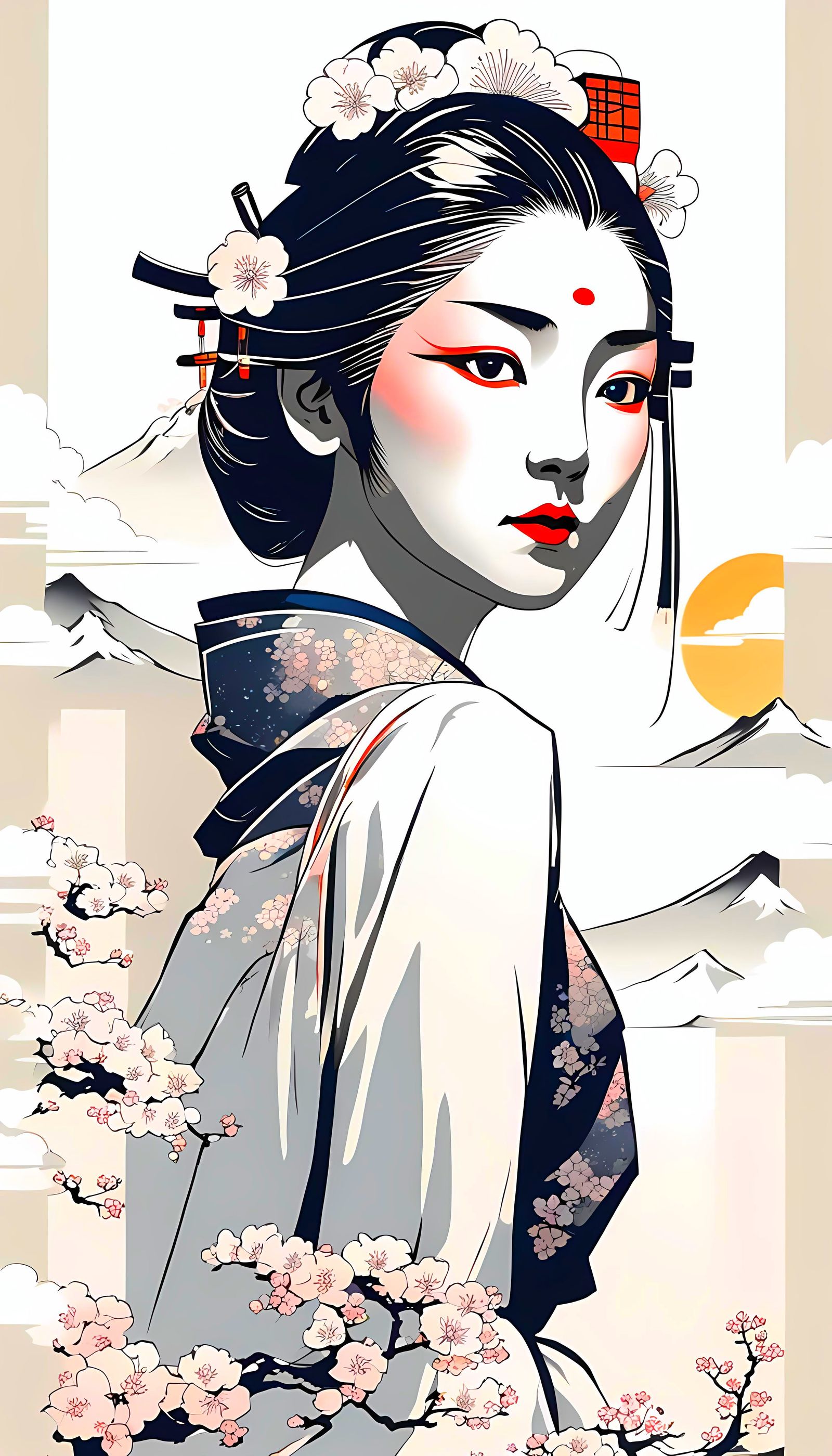 Ukiyo-e Geisha with Cherry Blossoms in Japan