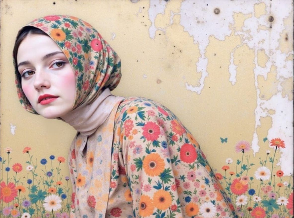 Woman with Floral Background in Klimt Style