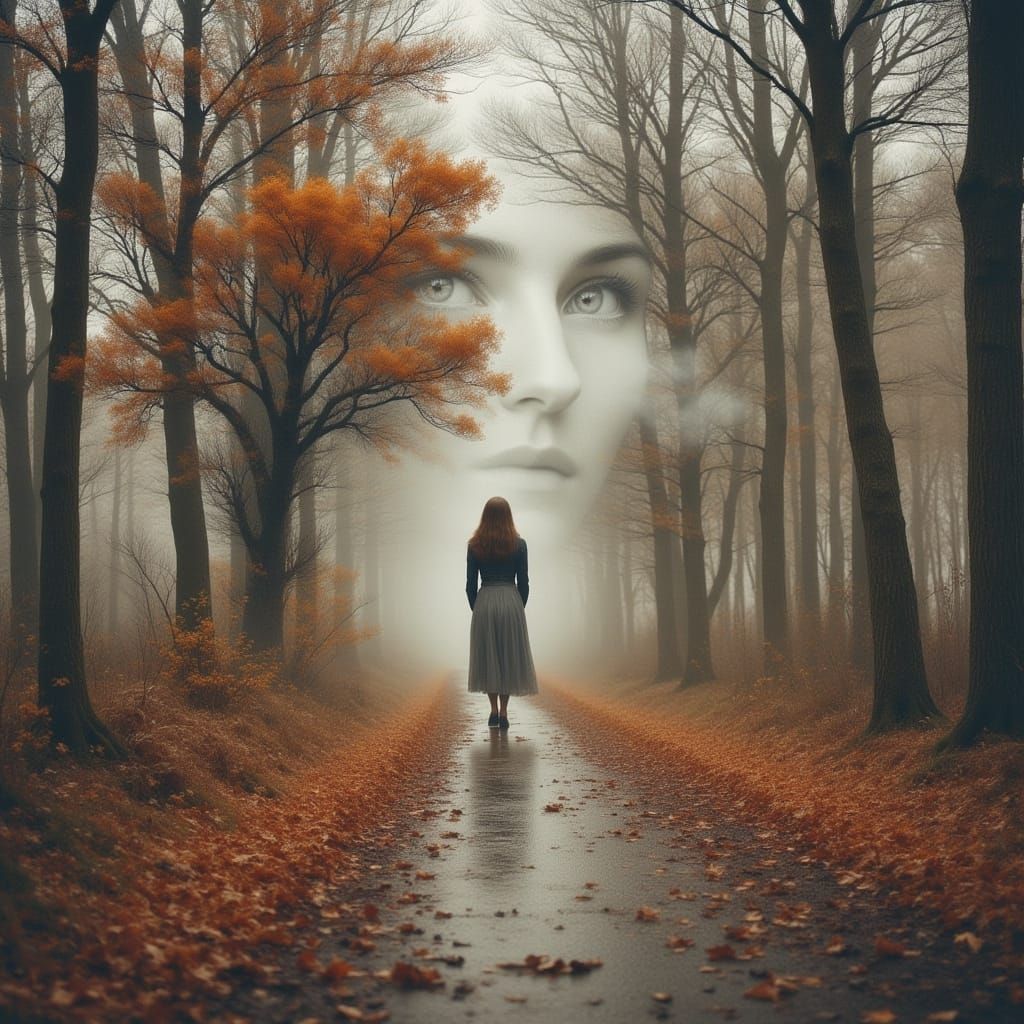 Woman on Autumn Path with Spectral Wind