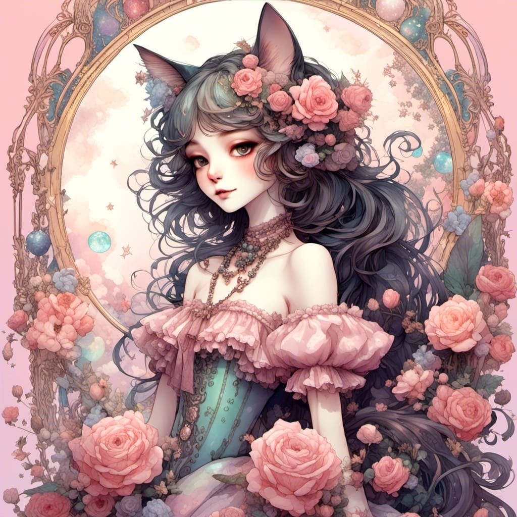 Dreamy Cat in Victorian Dress with Roses