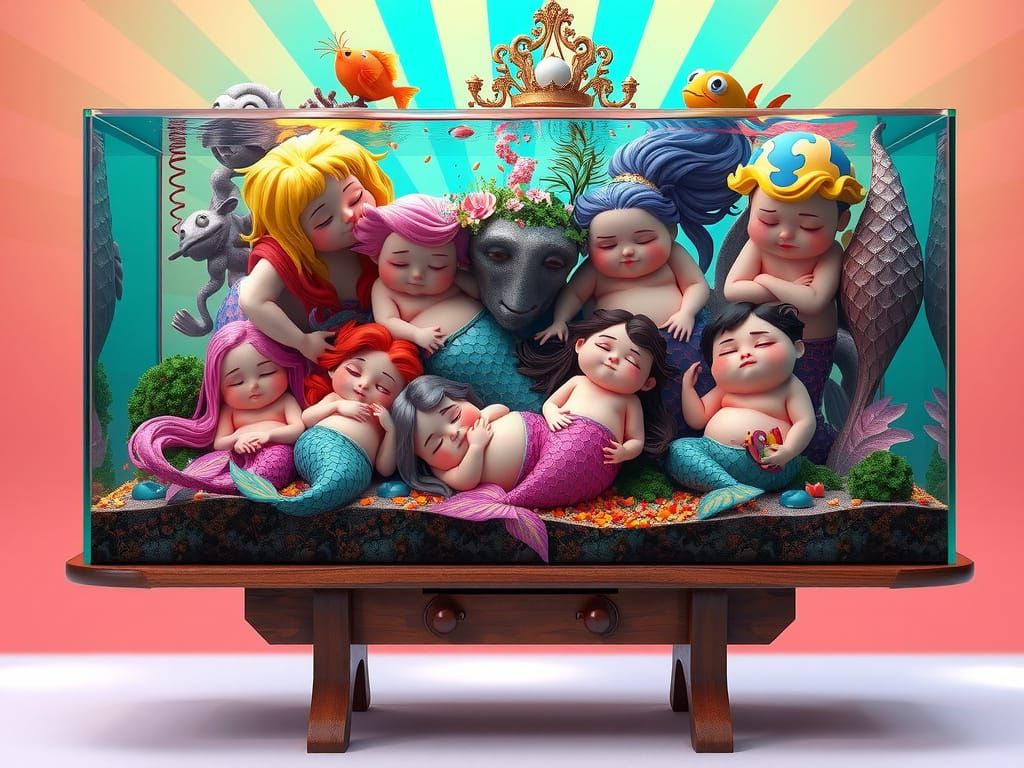 Vibrant Aquarium Scene with Mermaids and Aquatic Life