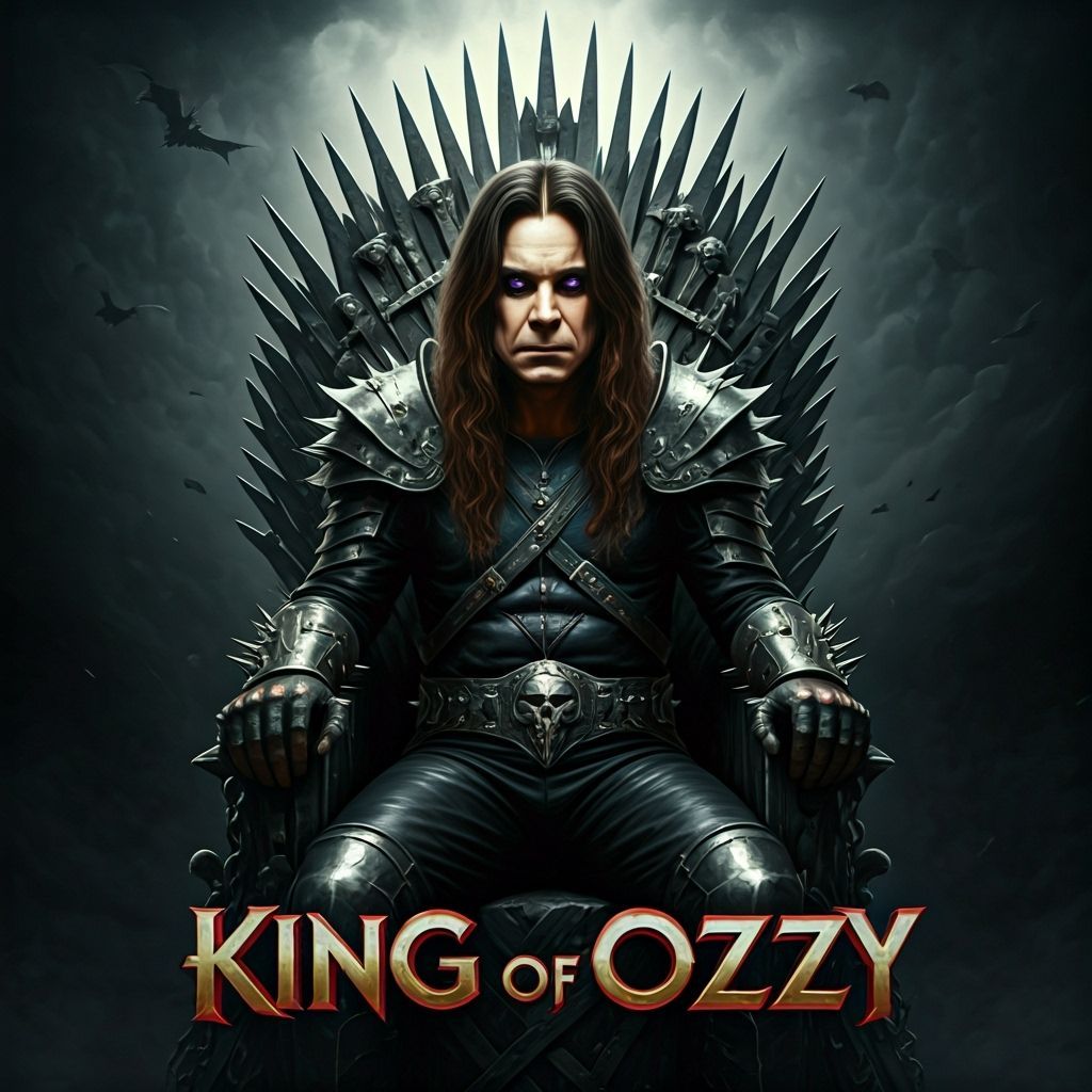 Ozzy as King on Metal Throne in Dark Fantasy Style